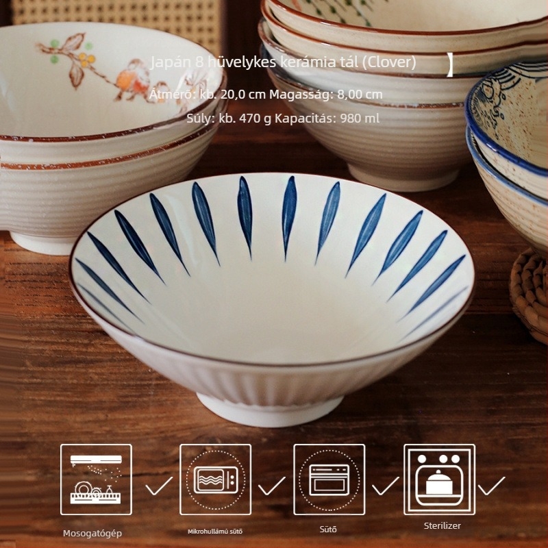 Japán stílusú porcelán ramen tál, kör alakú, mikrohullámú sütőben használható, alul-glazúr színű felület