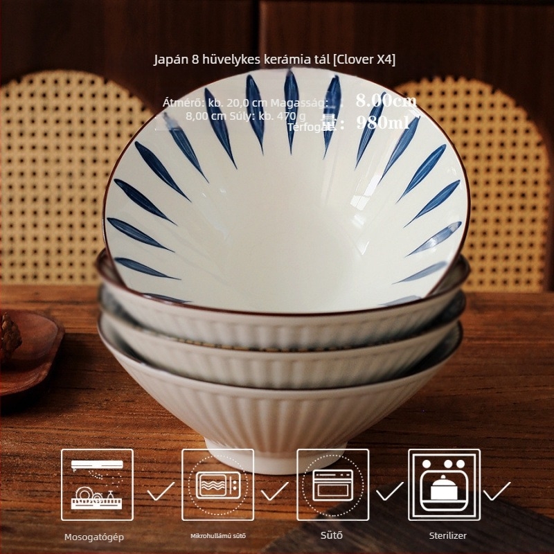 Japán stílusú porcelán ramen tál, kör alakú, mikrohullámú sütőben használható, alul-glazúr színű felület