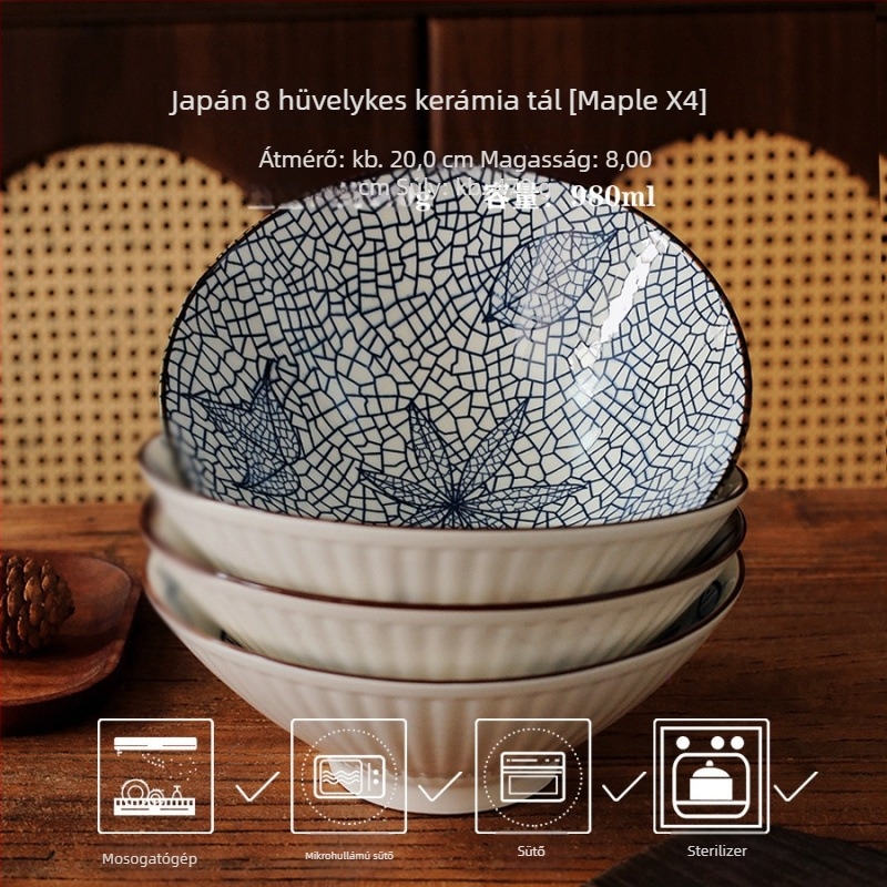 Japán stílusú porcelán ramen tál, kör alakú, mikrohullámú sütőben használható, alul-glazúr színű felület