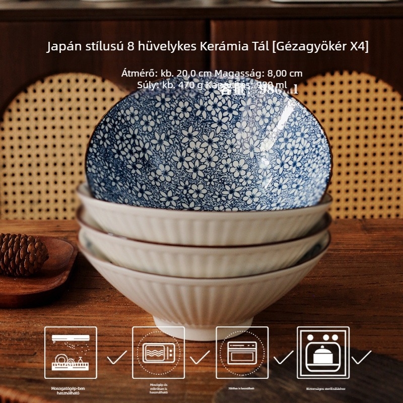 Japán stílusú porcelán ramen tál, kör alakú, mikrohullámú sütőben használható, alul-glazúr színű felület