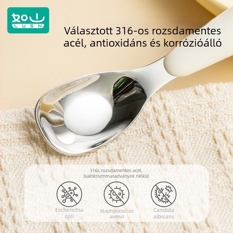 Baba önálló etetésére szolgáló kanál, 316L rozsdamentes acélból, hosszú nyél, 6 hónapos kortól