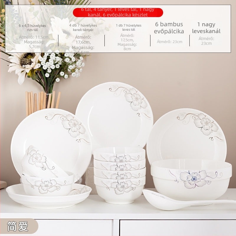 Új csontporcelánból készült kerámia étkészlet, egyszerű stílus, új kínai stílus, felnőtteknek, tartalmaz tálakat, rizs tálakat és evőpálcákat