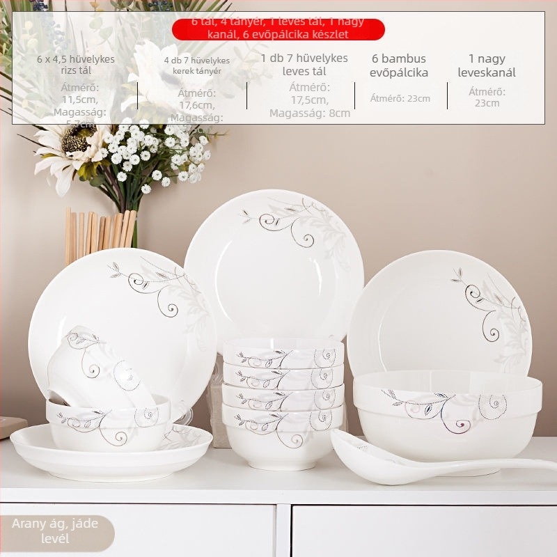 Új csontporcelánból készült kerámia étkészlet, egyszerű stílus, új kínai stílus, felnőtteknek, tartalmaz tálakat, rizs tálakat és evőpálcákat