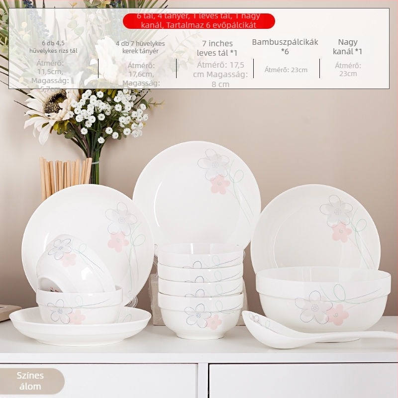 Új csontporcelánból készült kerámia étkészlet, egyszerű stílus, új kínai stílus, felnőtteknek, tartalmaz tálakat, rizs tálakat és evőpálcákat