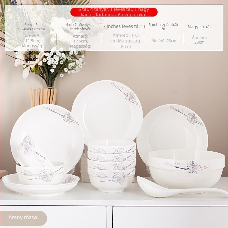 Új csontporcelánból készült kerámia étkészlet, egyszerű stílus, új kínai stílus, felnőtteknek, tartalmaz tálakat, rizs tálakat és evőpálcákat