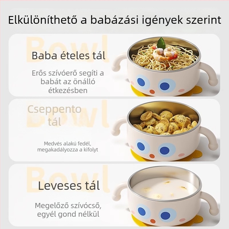 Baba etető szigetelt rozsdamentes acélból készült tál – szívóalapú, rizs tápszer eszköz, gyerek étkészlet, 6 hónapos kortól