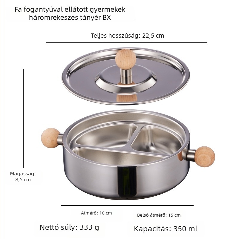 316 rozsdamentes acélból készült gyermekeknek tervezett tál, osztott részekkel, kétszintes kialakítás, égési és leesési védelemmel, 6 hónapos kortól