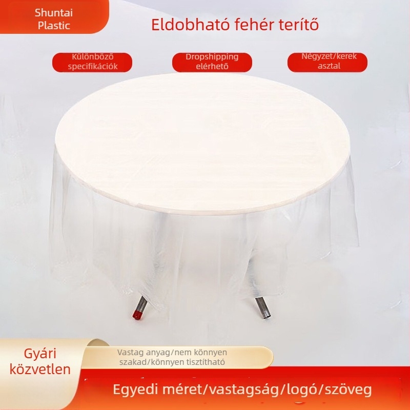 Egyszer használatos kerek műanyag asztalterítő, vékony, 213×213 cm, otthon, éttermek és szállodák számára