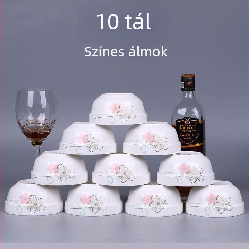 10 darabos csontporcelán rizstál készlet, mikrohullámú sütőben használható, virágos mintázat, kínai stílus