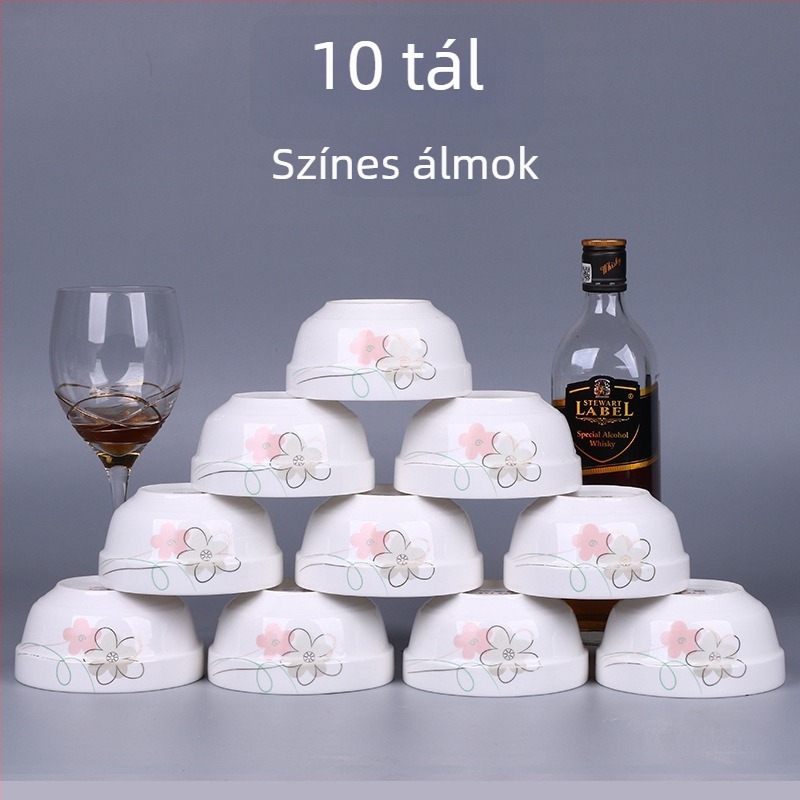 10 darabos csontporcelán rizstál készlet, mikrohullámú sütőben használható, virágos mintázat, kínai stílus