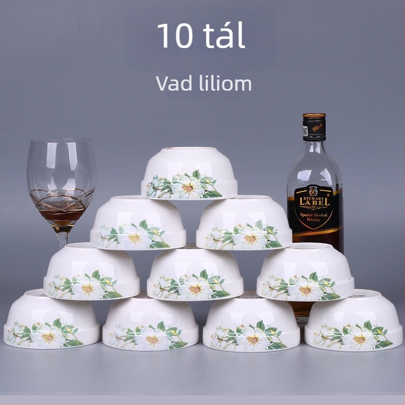 10 darabos csontporcelán rizstál készlet, mikrohullámú sütőben használható, virágos mintázat, kínai stílus