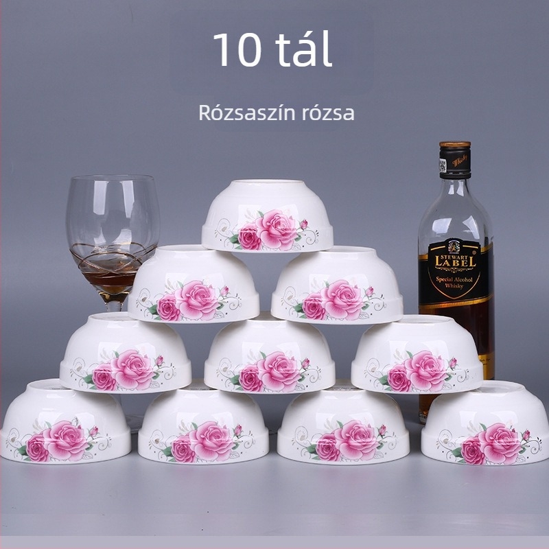 10 darabos csontporcelán rizstál készlet, mikrohullámú sütőben használható, virágos mintázat, kínai stílus