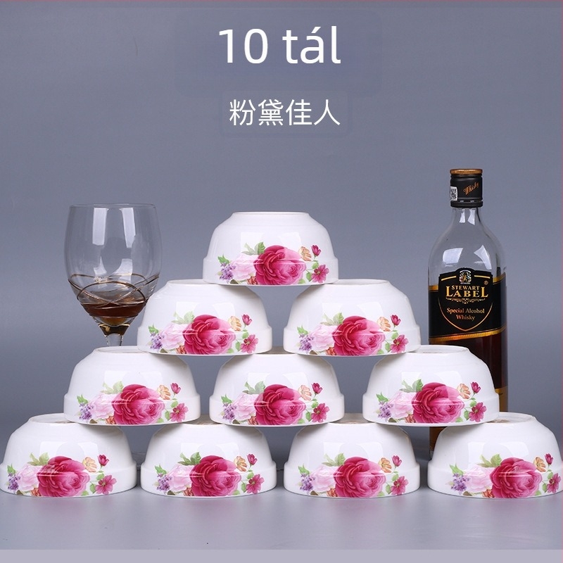 10 darabos csontporcelán rizstál készlet, mikrohullámú sütőben használható, virágos mintázat, kínai stílus