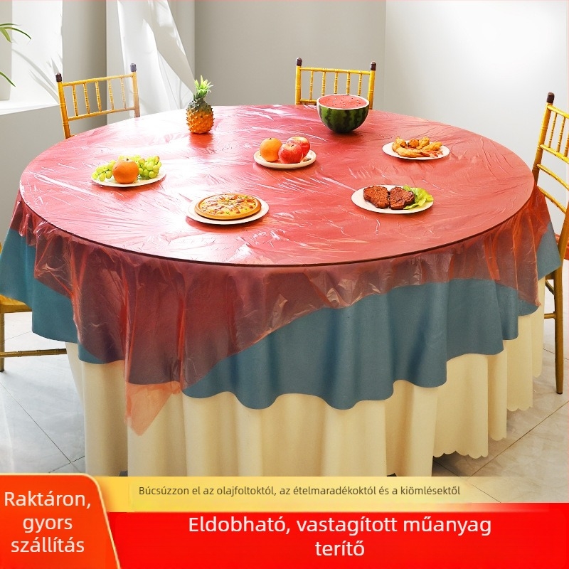 Egyszer használatos esküvői asztalterítő, fehér átlátszó műanyag, vastított, vízálló, négyzet alakú, 1,6 x 1,6 m, polietilén