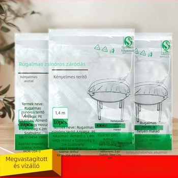 Egyszer használatos átlátszó kerek asztaltakaró, vastagított PE anyagból, rugalmas széle húzózsinórral; ideális otthoni rendezvényekhez és esküvőkhöz.
