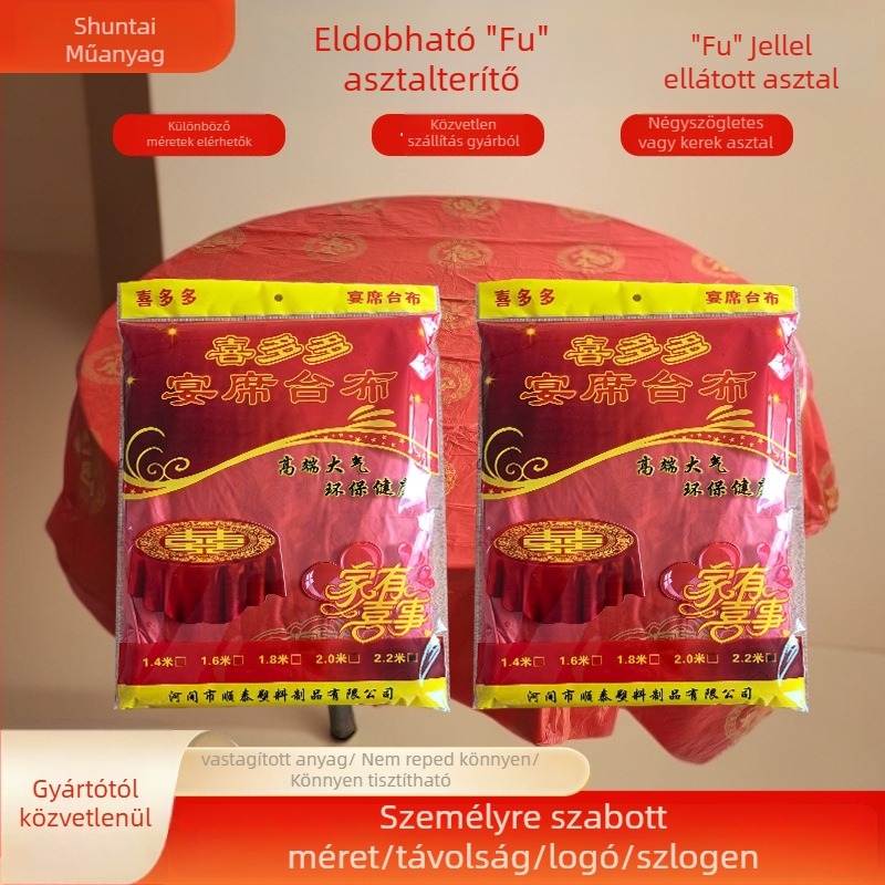 Shuntai esküvői egyszer használatos műanyag asztalterítő, kör alakú, 0,03 mm vastagság, mintával boldog szó