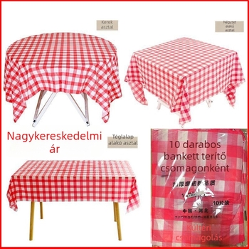 Piros kockás egyszer használatos műanyag asztalterítő, megerősített, víz- és olajálló.