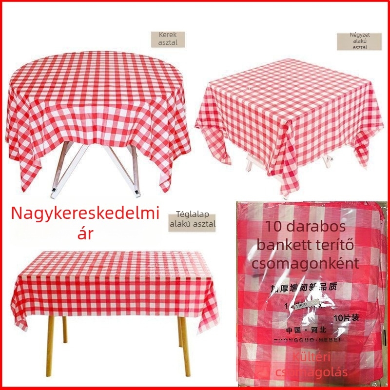Piros kockás egyszer használatos műanyag asztalterítő, megerősített, víz- és olajálló.