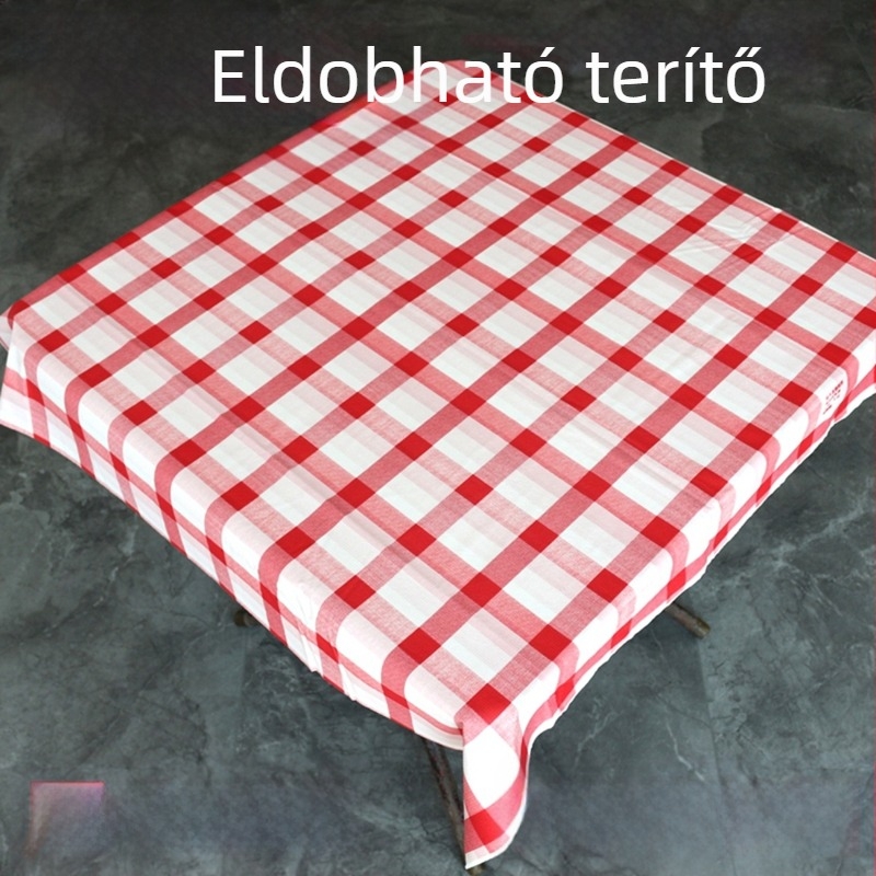 Kőszövet egyszer használatos asztalterítő, vastított, vízálló és olajálló, piros kockás mintával, téglalap alakú, 180×180 cm, szállodákhoz
