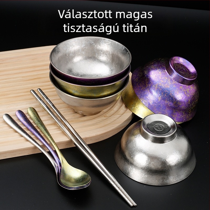 Tiszta titániumból készült tál, kanál és evőpálcikák – kerek forma, hullámpont mintázat, könnyed luxus retro stílus, ajándékhoz kész