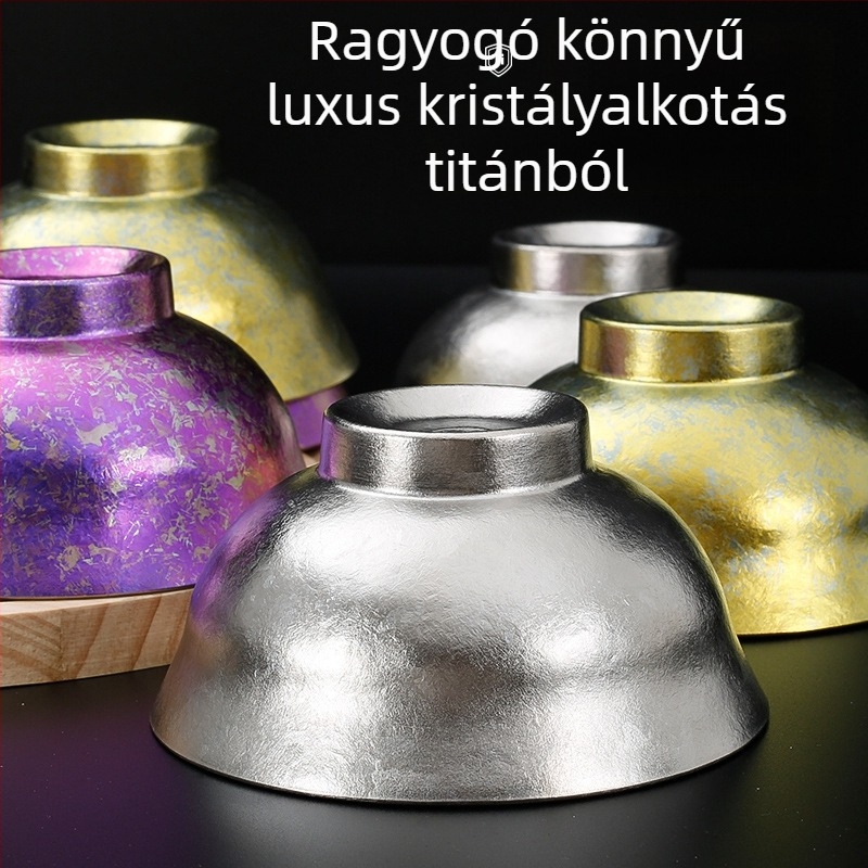 Tiszta titániumból készült tál, kanál és evőpálcikák – kerek forma, hullámpont mintázat, könnyed luxus retro stílus, ajándékhoz kész