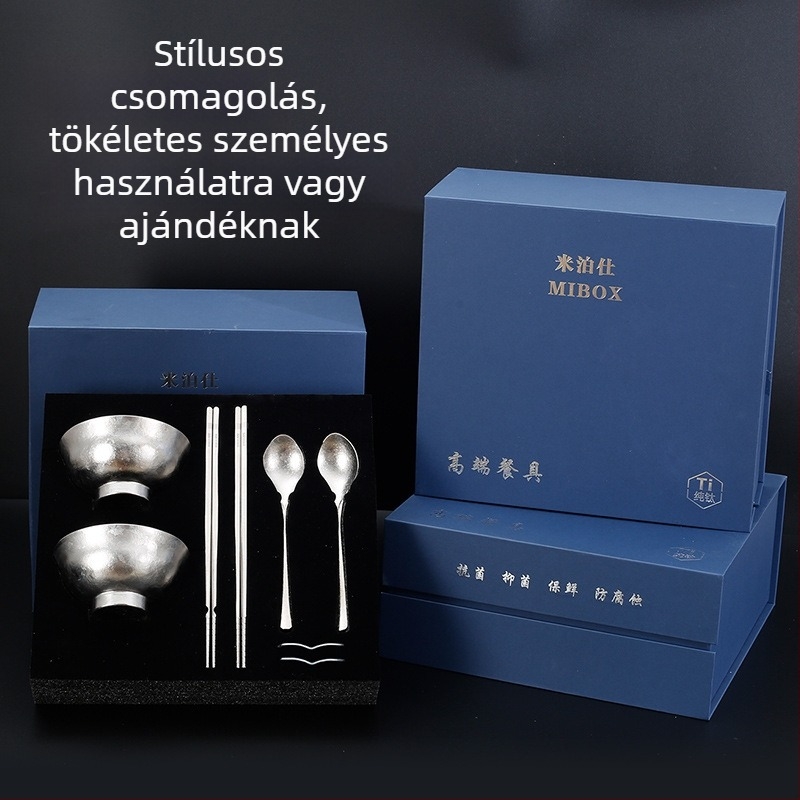 Tiszta titániumból készült tál, kanál és evőpálcikák – kerek forma, hullámpont mintázat, könnyed luxus retro stílus, ajándékhoz kész