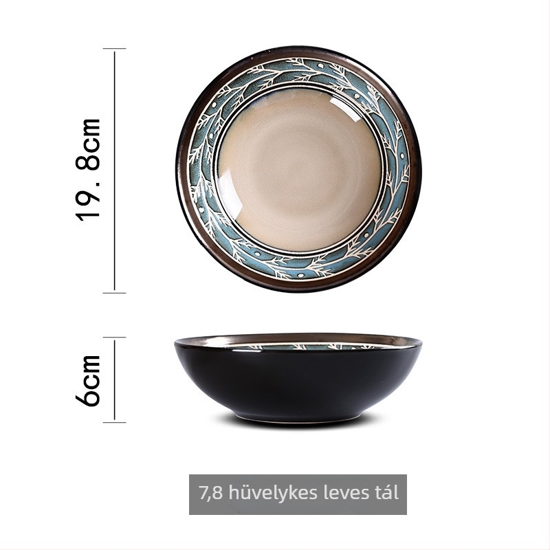 Európai stílusú kerámia étkészlet kemencés glazúrral, kézzel festett aláglazúros relieftel; tartalmaz tortatálat, mélytálat, rizstálat és steak tányért