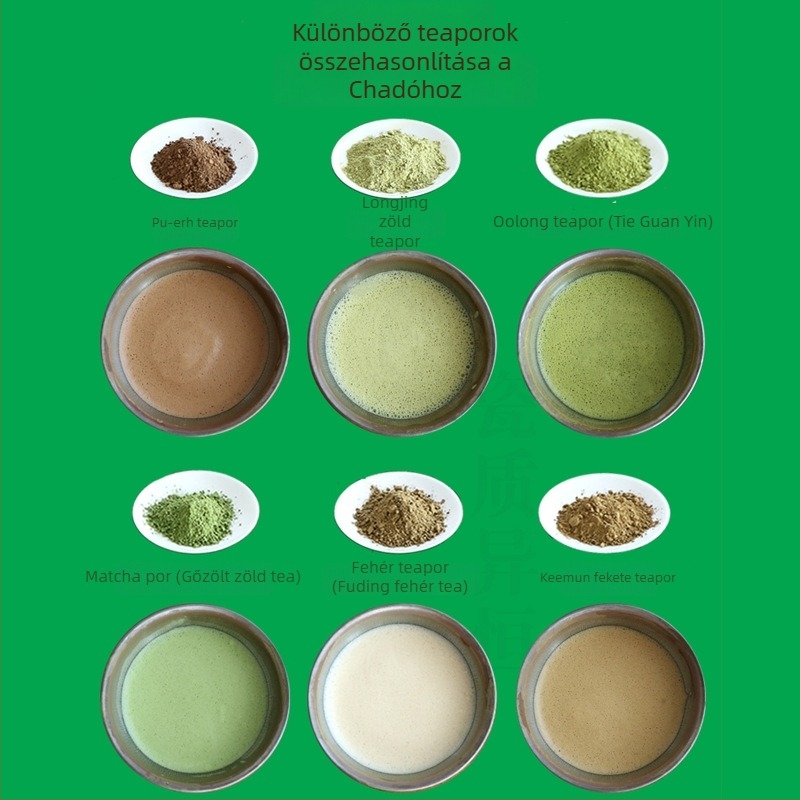 Ceremoniális teapor készlet: fehér tea por, vörös tea por, oolong por, pu-erh por és matcha por