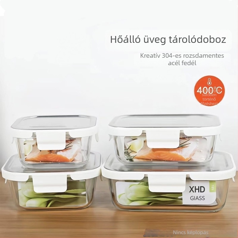 Boroszilát üvegből készült ebédes doboz rozsdamentes acél fedővel, hőálló, mikrohullámú sütőben és sütőben használható