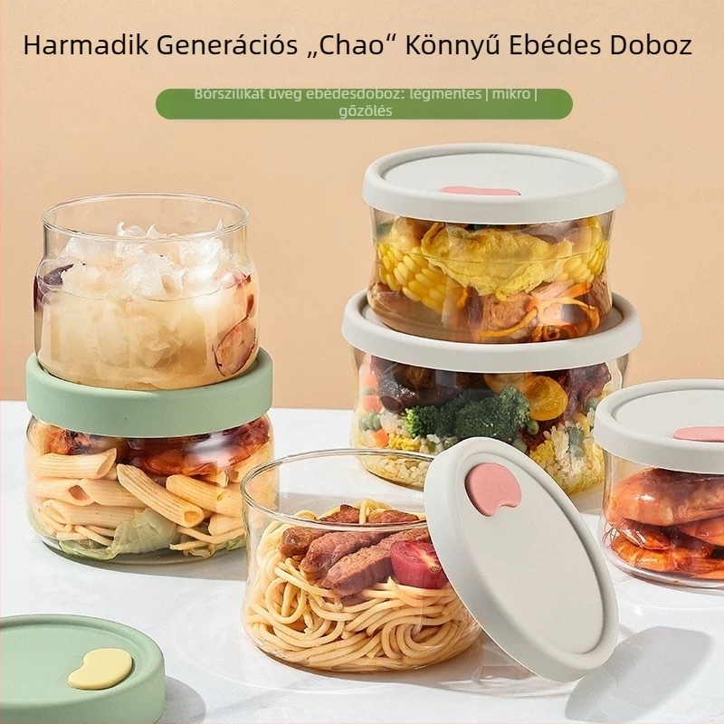 Ultra könnyű boroszilikát üveg tízórai doboz, kör alakú, mikróban használható, zárófedéllel, modell 985