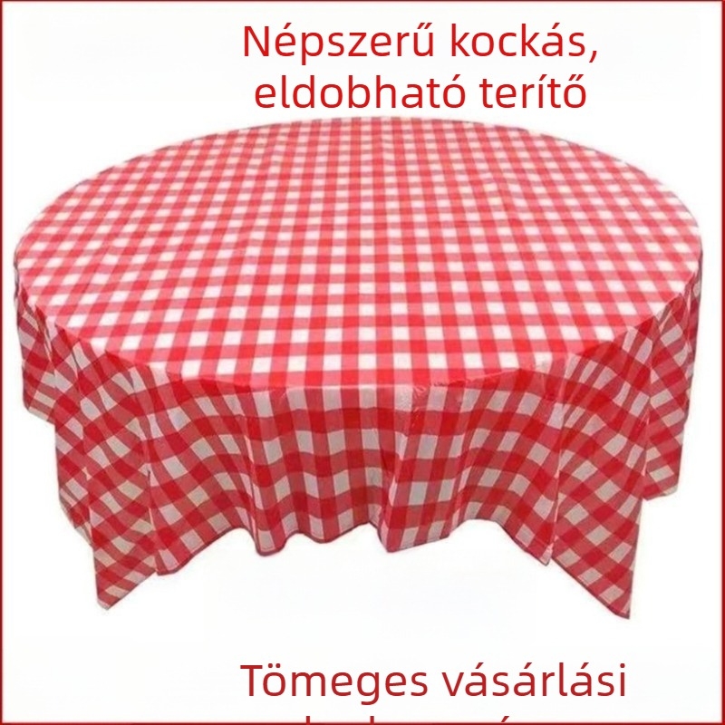 Egyszer használatos műanyag asztalterítő piros kockás mintával, alkalmas négyzet vagy kör alakú asztalokhoz, vastag, INS stílusú, otthoni és kereskedelmi használatra