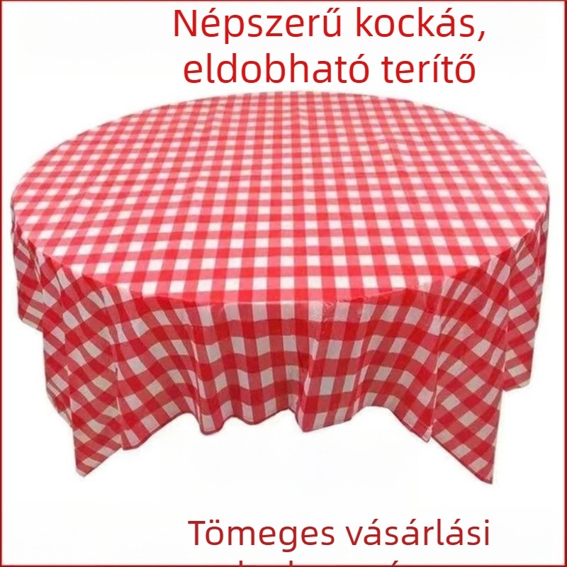 Egyszer használatos műanyag asztalterítő piros kockás mintával, alkalmas négyzet vagy kör alakú asztalokhoz, vastag, INS stílusú, otthoni és kereskedelmi használatra