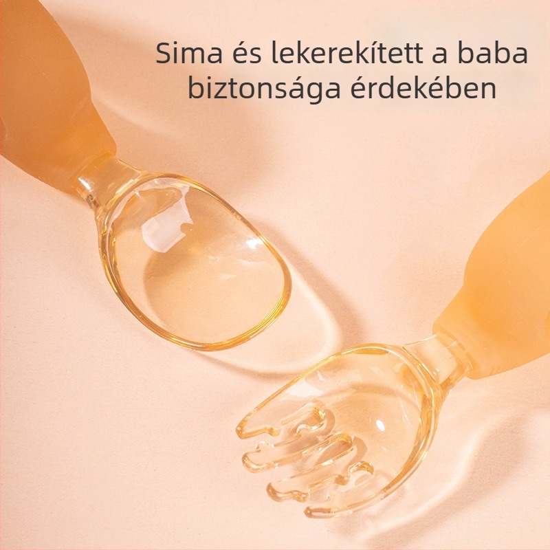 Szilikonból készült baba etetőkanál és villa – két darabos készlet, edzés célú puha kanál görbített rövid nyéllel, 6 hónaptól