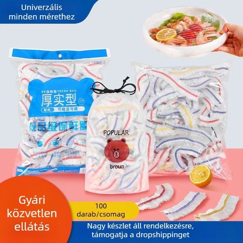 Egyszer használatos frissességmegőrző zacskó készlet, elasztikus edényfedőkkel, fedőkkel a maradék ételekhez és elasztikus nyílású zuhanysapkával