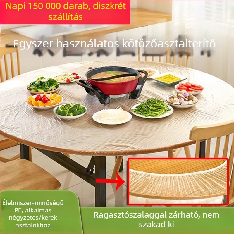 Egyszer használatos terítő kerek és négyzet alakú asztalokhoz, műanyagból (PE), átlátszó mintázat, feldolgozás és testreszabás elérhető.