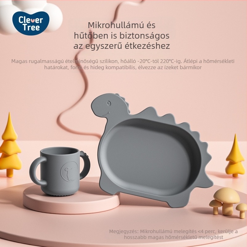 Dínó mintájú szilikon étkészlet gyerekeknek: elválasztott tányér és tál, ütésálló, 6 hónapos kortól