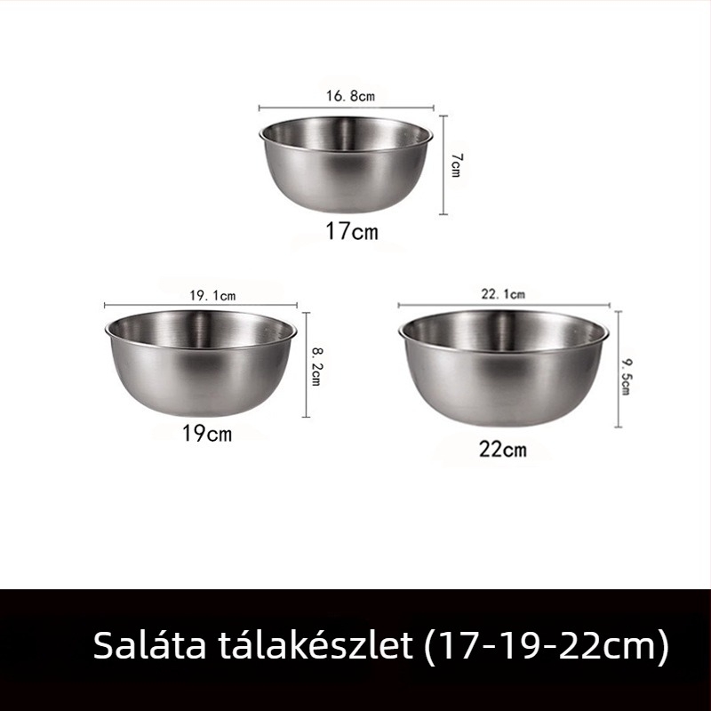 Rozsdamentes acélból készült kerek salátás tál, modern minimalist stílus, egyszínű felület, átmérő 17–22,9 cm