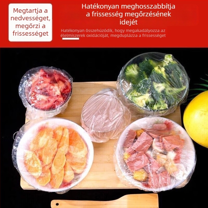 Élelmiszer-minőségű maradékok tárolófedő, egyszer használatos, átlátszó tálfedő fóliával