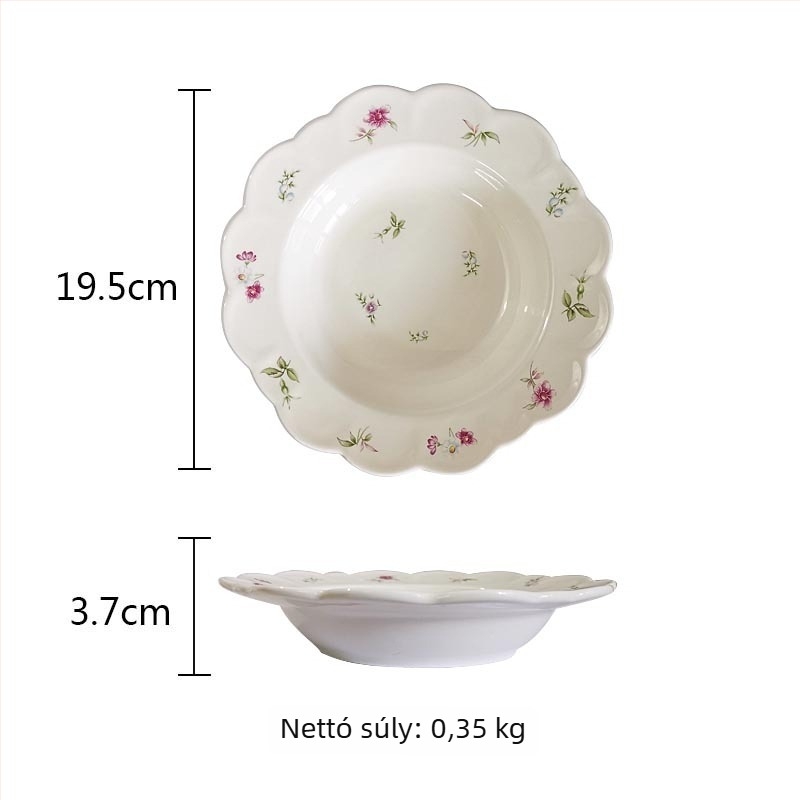 Porcelán desszert tányér és gyümölcstál készlet virágos mintával, pastoral stílus, színes máz, mikrohullámú sütőben használható