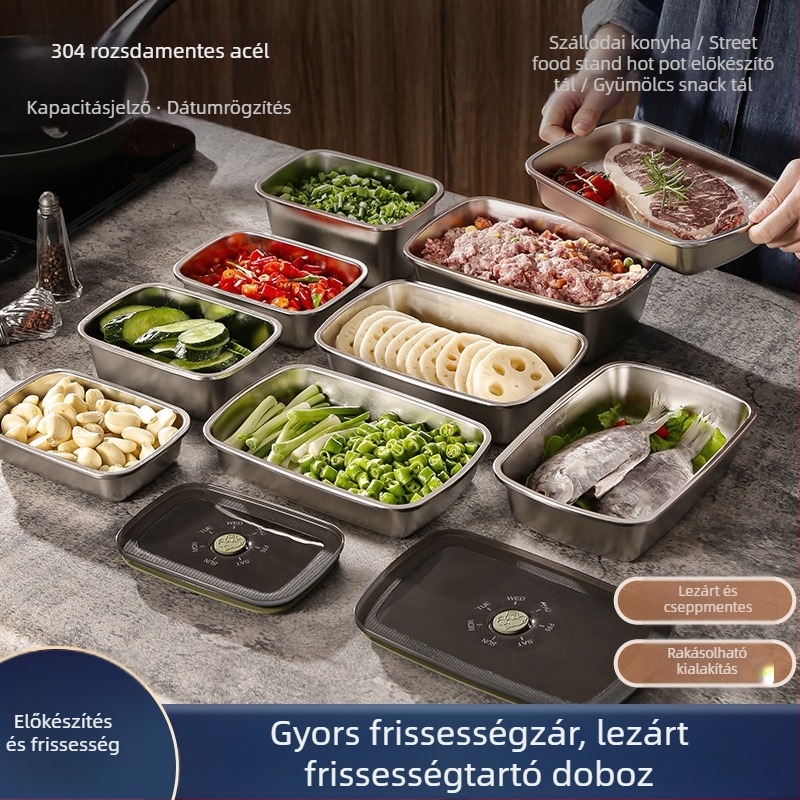 304 rozsdamentes acél frissességmegőrző doboz, négyzet alakú gyümölcs- és élelmiszer-előkészítő tál, konyhai tárolás