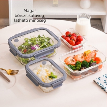 Téglalap alakú üveges ebédes doboz, mikrózható, zárófedél (PP + edzett üveg + szilikon), irodai ételkészítő, újrahasználható