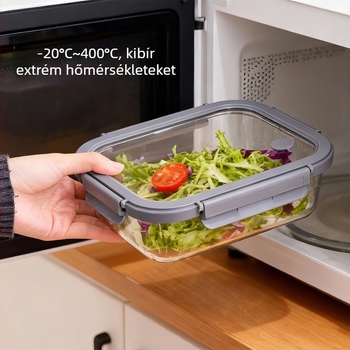 Téglalap alakú üveges ebédes doboz, mikrózható, zárófedél (PP + edzett üveg + szilikon), irodai ételkészítő, újrahasználható