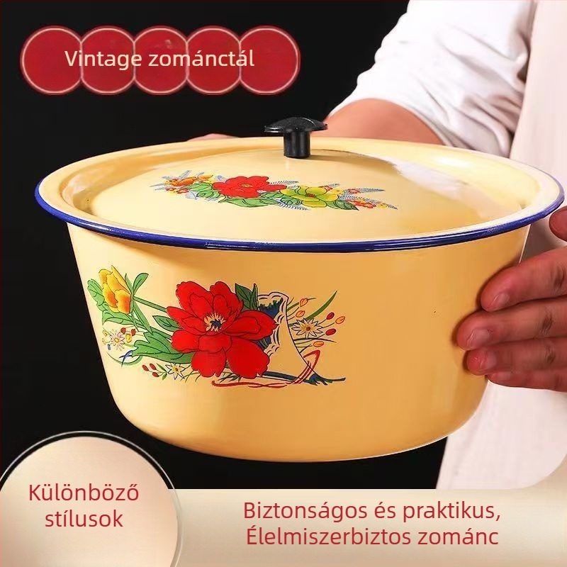 Fedeles zománc étkészlet – virágos mintázatú tálak, evőpálcikák, zománcos üveg és hagyományos konyhai medence