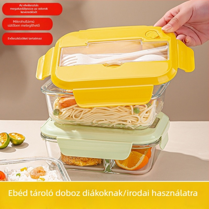Logó nyomtatható boroszilikát üveg ebédes doboz mikrózható, hordozható evőeszközökkel, 1–2 L kapacitás