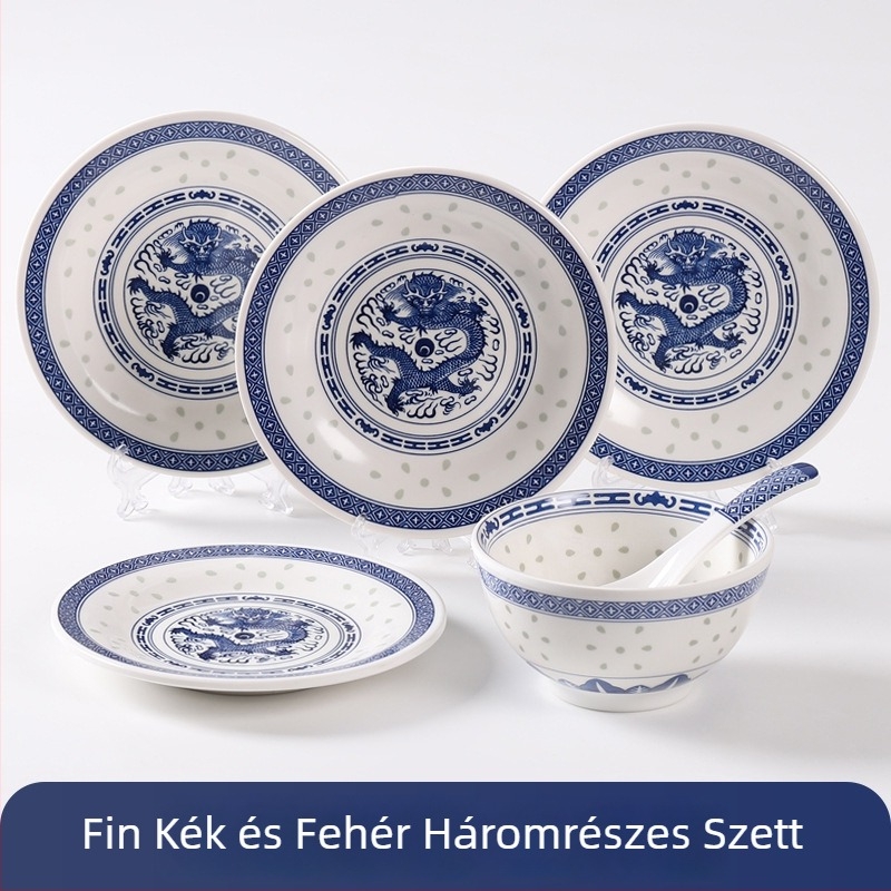 Melamin desszerttálak készlet, kerek formájú, kínai stílus, növény mintás, mikrohullámú sütőben használható, 3 darabos készlet