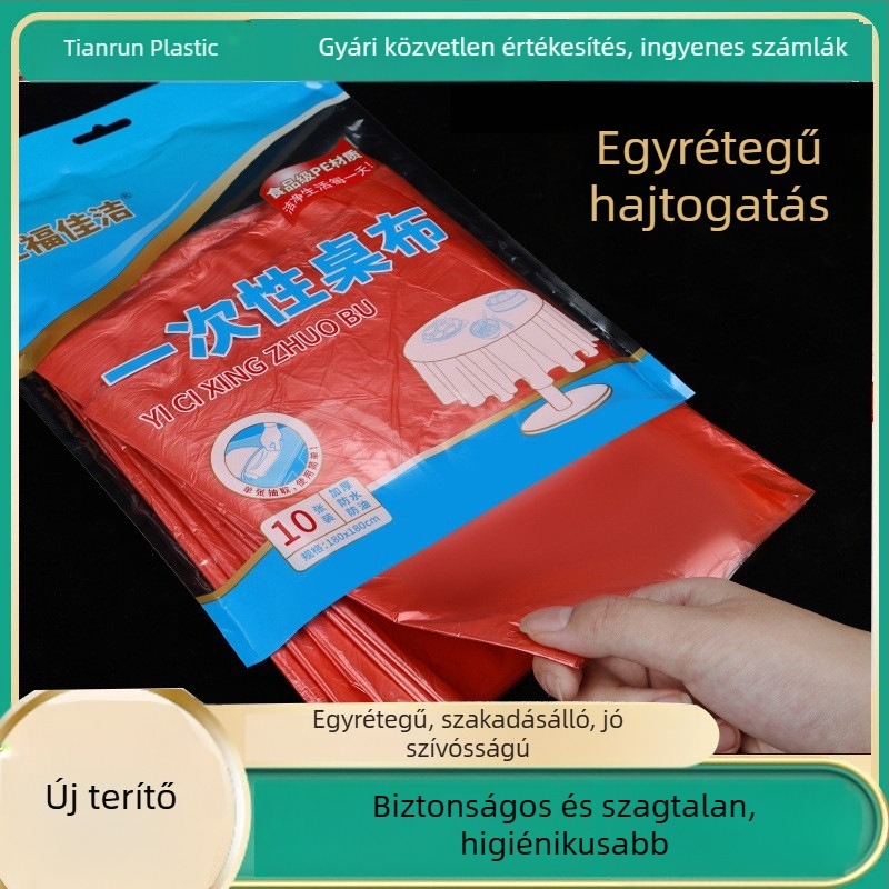 Egyszer használatos, átlátszó piros műanyag asztalterítő, vastagított kivitel, egy darabos, vízálló szállodai és otthoni étkezéshez.