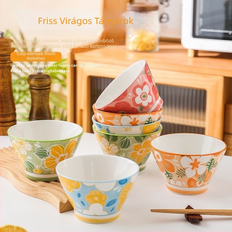 Kerámiás kónikus rizstál, japán stílusú, aláglazúros felülettel, mikróhullámú sütőben használható, gyerekeknek