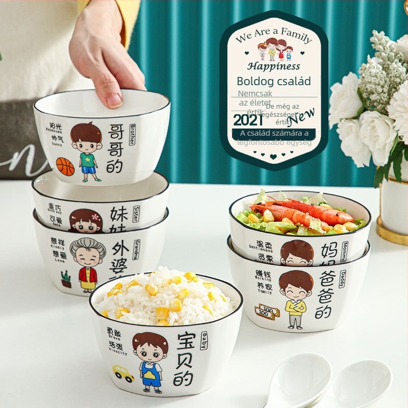 Négytagú család számára porcelán tálak készlet – Rajzolt minta, négyzetes forma, mikrohullámú sütőben használható