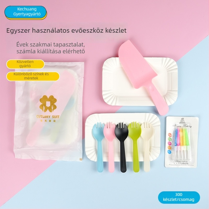 Egyszer használatos torta tál, kés és villa készlet – műanyag, téglalap alakú tálca, 5 kés és 5 villa
