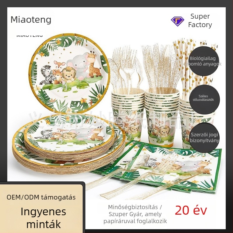 Egyszer használatos papírtálak partira – állat ábrázolásos minta, kör alakú, 250 ml kapacitás, 2 év eltarthatóság